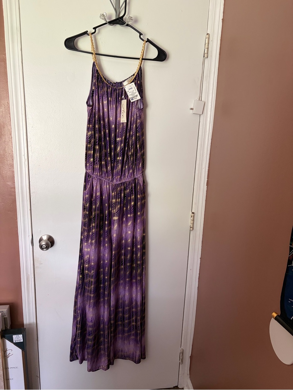 Purple Patterned Maxi Jumpsuit with Braided Straps